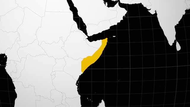 Somalia map. Animated zoom into the country on the Globe in Black White color palette. Country logo animation. Map with meridians, parallels. Captivating video.