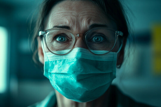 Generative AI image of a teacher doctor medical worker in medical mask standing in classroom during pandemic