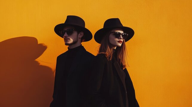 64.4. Concept = A stylish couple expresses their unique autumn fashion against a minimalist backdrop