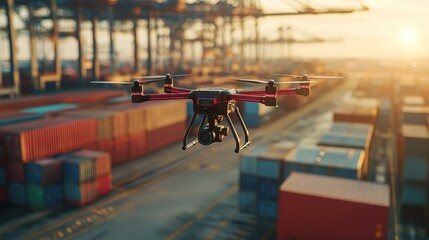 Advanced drone flying over a vast container terminal at sunset, conducting aerial surveillance for logistics and port operations, with gantry cranes and shipping containers blurred in the background.