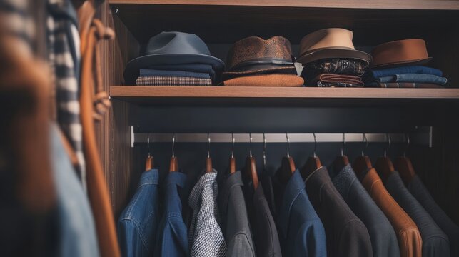 33.A close-up shot of a modern wardrobe, with a focus on stylish, well-organized clothes and accessories like hats, belts, and shoes, highlighted by clean lines and minimalist design.