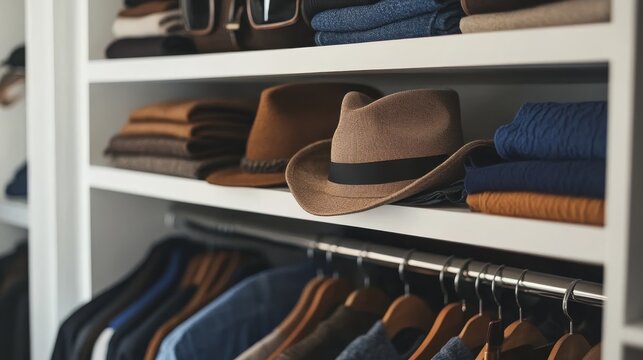 33.A close-up shot of a modern wardrobe, with a focus on stylish, well-organized clothes and accessories like hats, belts, and shoes, highlighted by clean lines and minimalist design.