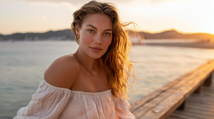 A serene young woman enjoys the tranquil golden hour on a coastal pier, exuding effortless chic with her sun-kissed skin and elegant off-shoulder dress.
