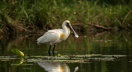 A white spoonbill wading in calm water with long beak and yellow head, natural habitat