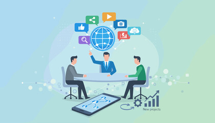 Business team meeting discussing global social media marketing strategy. Flat vector illustration of businessmen planning new project with mobile technology and data analytics.