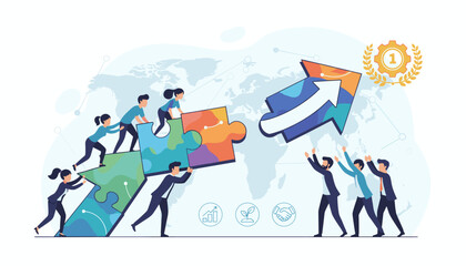 Teamwork and partnership for business success. Concept of merger and acquisition. People work together connecting puzzle pieces for growth. Strategy for global market achievement.