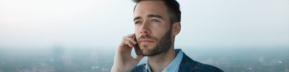 Obraz premium Young caucasian male in blue suit talking on smartphone with city skyline