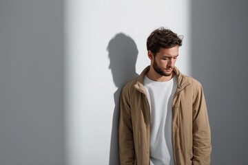 Obraz premium Thoughtful young caucasian male in sunlit space reflecting shadows