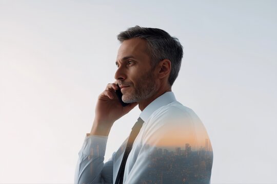 Young caucasian male businessman talking on phone with cityscape overlay - Powered by Adobe