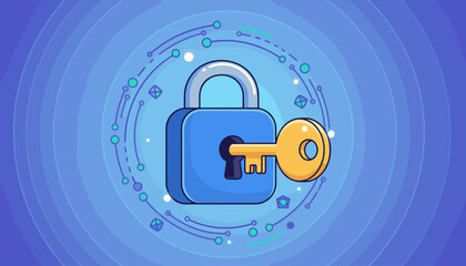 Cyber security vector concept with lock and key. Icon for data protection and online privacy. Digital network safety, access control illustration with abstract technology background.