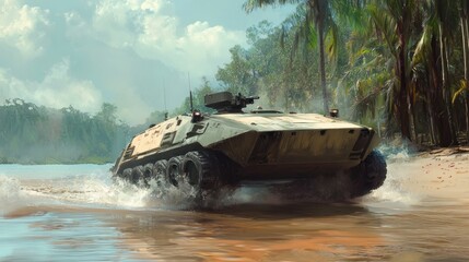 Armored Personnel Carrier (APC) Navigating Shallow Tropical Waters, Splashing Towards a Sandy Beach with Lush Palm Trees and Jungle Foliage