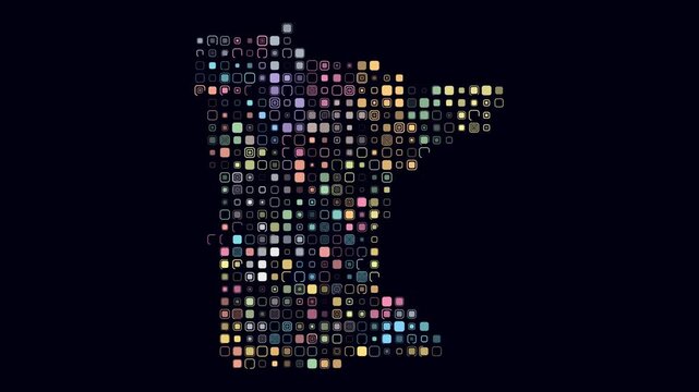 Minnesota animated shape. Pulsating colored dots on the map of the state. Large size rounded square blocks. Digital style Minnesota map on dark background. Classy animation video.