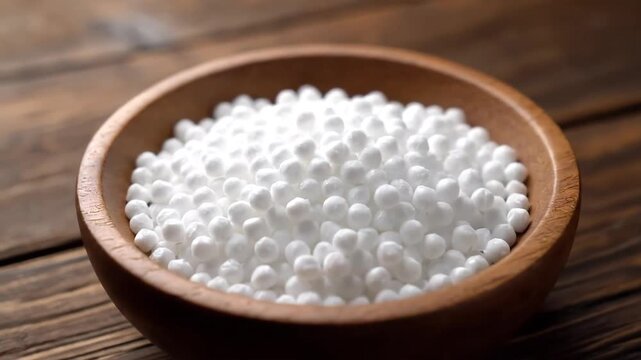 Close up of white tapioca pearls in a wooden bowl on a rustic wooden table.