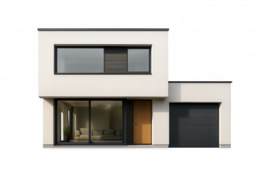 Modern residential house exterior with contemporary design, white facade, large windows, and an integrated garage on transparent background