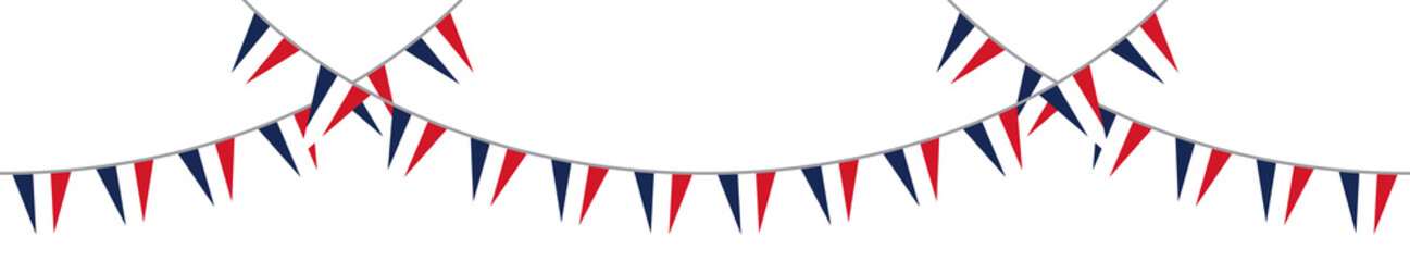 Fototapeta premium Seamless Blue, white and red colored, as the colors of the national flag of France party bunting border. Flat design illustration.
