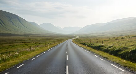 An empty asphalt road winds through a verdant valley towards distant, hazy mountains under a bright sky