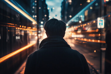 Silhouette of person people standing in vibrant night city street filled with lights traffic, generative ai