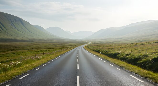 An empty asphalt road winds through a verdant valley towards distant, hazy mountains under a bright sky