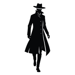 Silhouette of a man in a long coat and hat walking