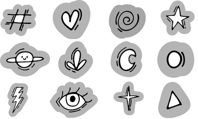 Hand Drawn Doodle Icon Set – Abstract Symbol Collection with Heart, Star, Eye, Lightning and Planet Designs
