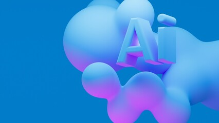 AI letters sign with glossy metaball spheres in flight. Realistic render of AI letters with bubbles on an isolated background.