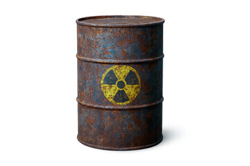 Rusty barrel with a radiation warning symbol. Isolated on transparent. Represents danger, pollution, nuclear waste