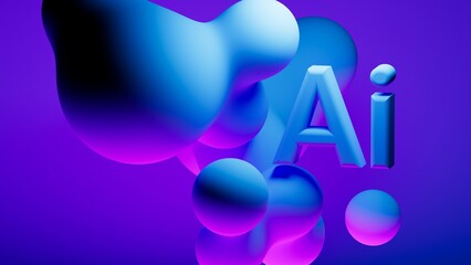 AI letters sign with glossy metaball spheres in flight. Realistic render of AI letters with bubbles on an isolated background.