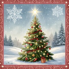 a christmas card with a christmas tree and a star