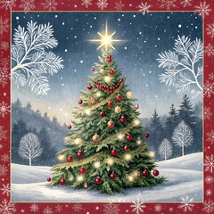 a christmas card with a christmas tree and a star