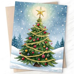 a christmas card with a christmas tree and a star