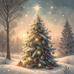 a christmas card with a christmas tree and a star