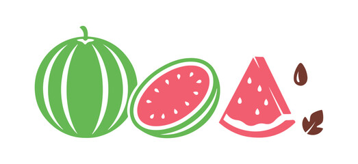 Watermelon fruit icons. Featuring a whole watermelon, slices, pieces, leaves, and seeds. This organic fruit is great for juice, smoothies, or nutritious vitamin-packed meals. Vector illustration