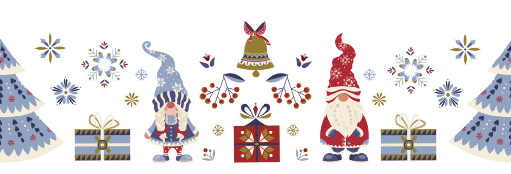 Seamless Christmas border with Nordic gnomes, fir trees and gifts in folk style Cozy winter festive frame pattern for holiday decorations, card, banner, design Scandinavian traditional vector ornament