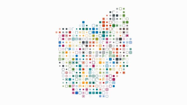 Ohio animated shape. Pulsating colored dots on the map of the state. Large size rounded square blocks. Digital style Ohio map on white background. Stylish animation video.