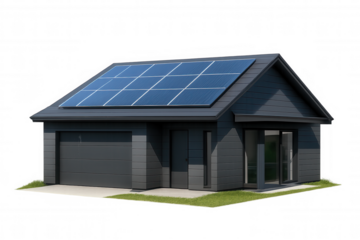 Modern house with solar panels on roof, demonstrating sustainable living and green energy, isolated with transparent background