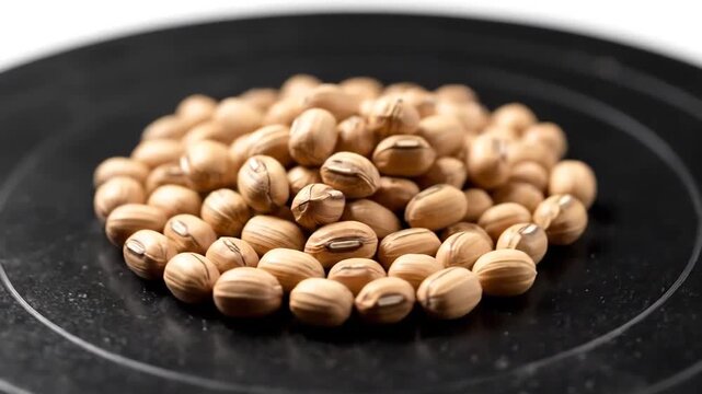 Closeup of dried pigeon peas on a black plate ready for cooking.