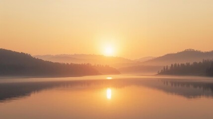 Golden sunrise over a misty lake with silhouetted mountains