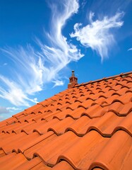 Angled shot of a red tiled roof against a vibrant blue sky with wispy white clouds