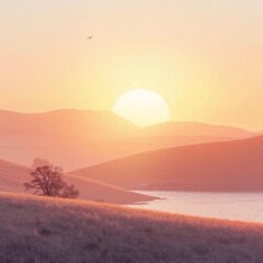 Golden sunset over rolling hills and calm lake with lone tree