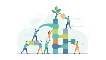 Business teamwork concept. People collaboratively building colorful blocks structure with growing plant, symbolizing growth, cooperation, development, success, and innovation in corporate environment.