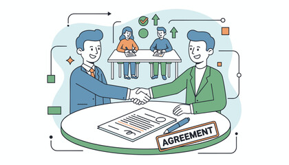 Business concept vector illustration of partnership and agreement. Businessmen shaking hands after a successful deal. Signing contract, teamwork, and collaboration concept.
