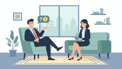 Business consultation about finance. Man asking about money, investment or salary. Financial advisor, psychologist or recruiter talking to a client. Job interview or therapy session.
