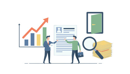 Recruitment process concept. HR searching for candidate for an open vacancy. Man at job interview. Resume analysis with business growth graph. Career opportunity door.