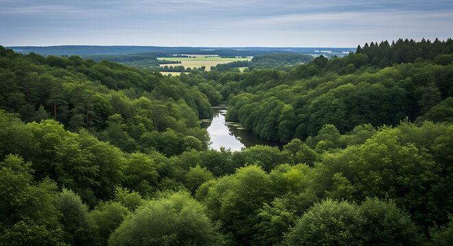 Scenic Aerial View of a Lush Green Forest and River Valley on a Cloudy Day