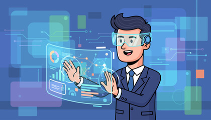 Man in VR glasses analyzes data on a virtual screen. Businessman works with a holographic financial dashboard. Concept for business intelligence, data visualization, metaverse.