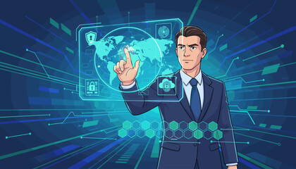 Businessman in Suit Touching Futuristic Virtual Interface Hologram With Global Network Map, Cybersecurity Icons, Data Protection and Technology, Digital Transformation, Innovation Concept