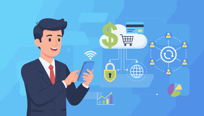 Businessman using mobile online banking for payment. Fintech concept with cloud technology, secure transaction, e-commerce shopping, global network and financial data analysis.