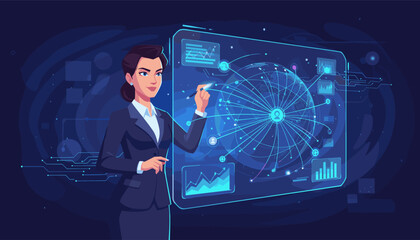 Businesswoman analyzing global network connections on a futuristic digital interface. Concept for business intelligence, big data analytics, global strategy, and financial technology.