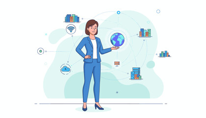 Businesswoman holding globe. Global network connection. Modern technology, communication and business. Worldwide data exchange, server, cloud computing and internet.