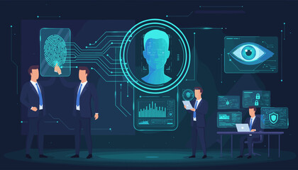 Biometric authentication. Fingerprint scanning, facial recognition, iris scan. Businessmen using futuristic security UI for identification & access control. Cybersecurity, data protection.
